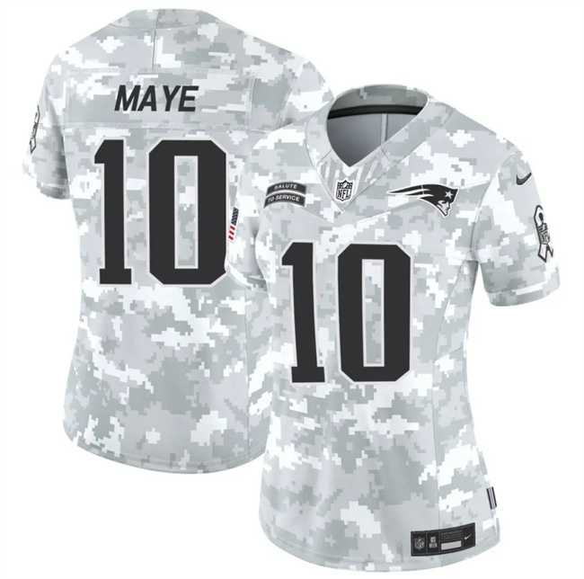 Womens New England Patriots #10 Drake Maye 2024 F.U.S.E Arctic Camo Salute To Service Limited Stitched Jersey Dzhi